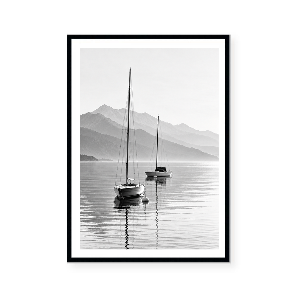 Misty Mountains and Sailboat Reflections | Art Print