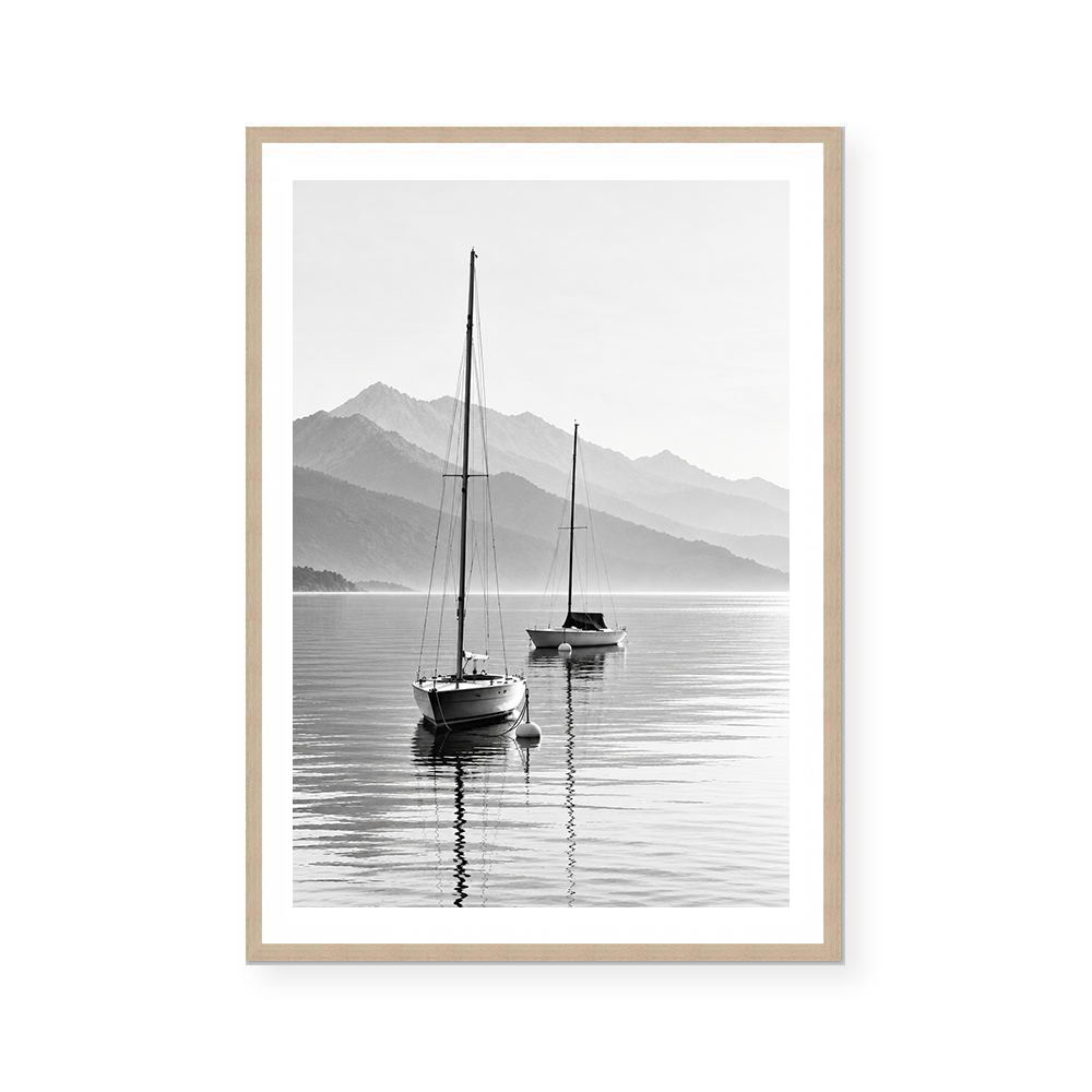 Misty Mountains and Sailboat Reflections | Art Print