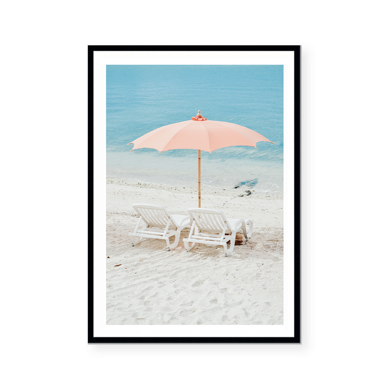 Orange Beach Umbrella And Chairs | Art Print