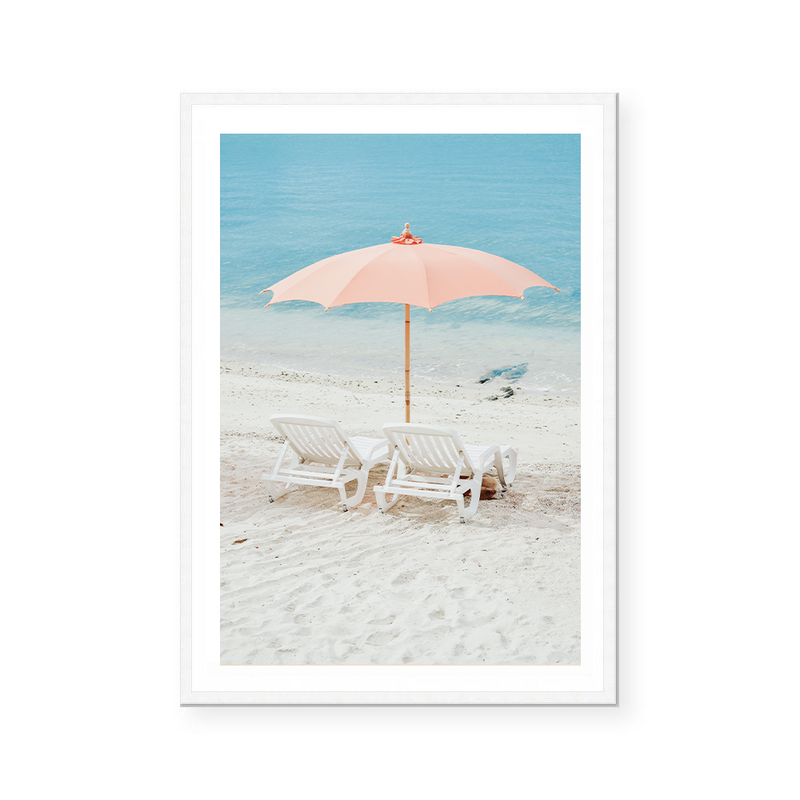 Orange Beach Umbrella And Chairs | Art Print