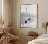 Misty Mountains and Sailboat Reflections | Art Print