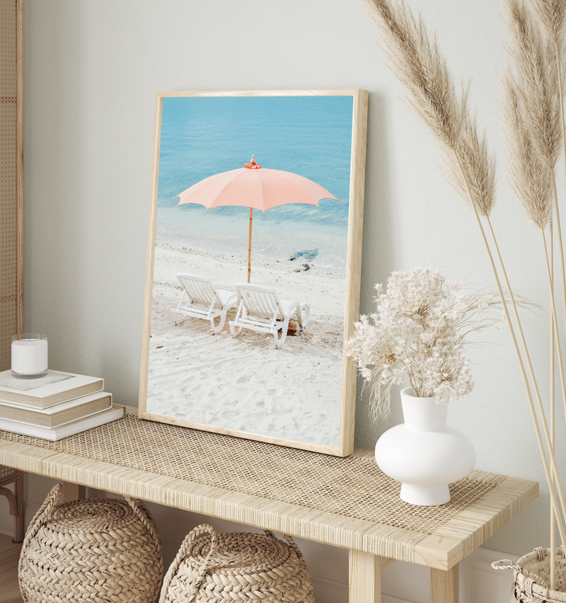 Orange Beach Umbrella And Chairs | Art Print