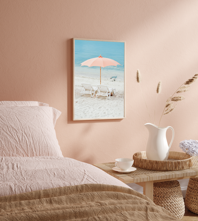 Orange Beach Umbrella And Chairs | Art Print