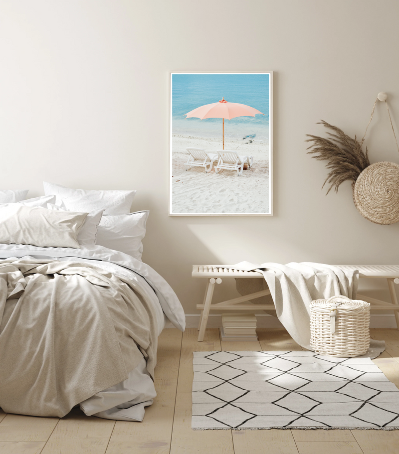 Orange Beach Umbrella And Chairs | Art Print